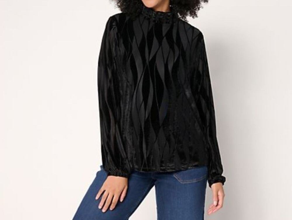 Logo Lavish LoriGoldstein Med Black Burnout Velvet Smocked Neck Top A712613 NWOT
